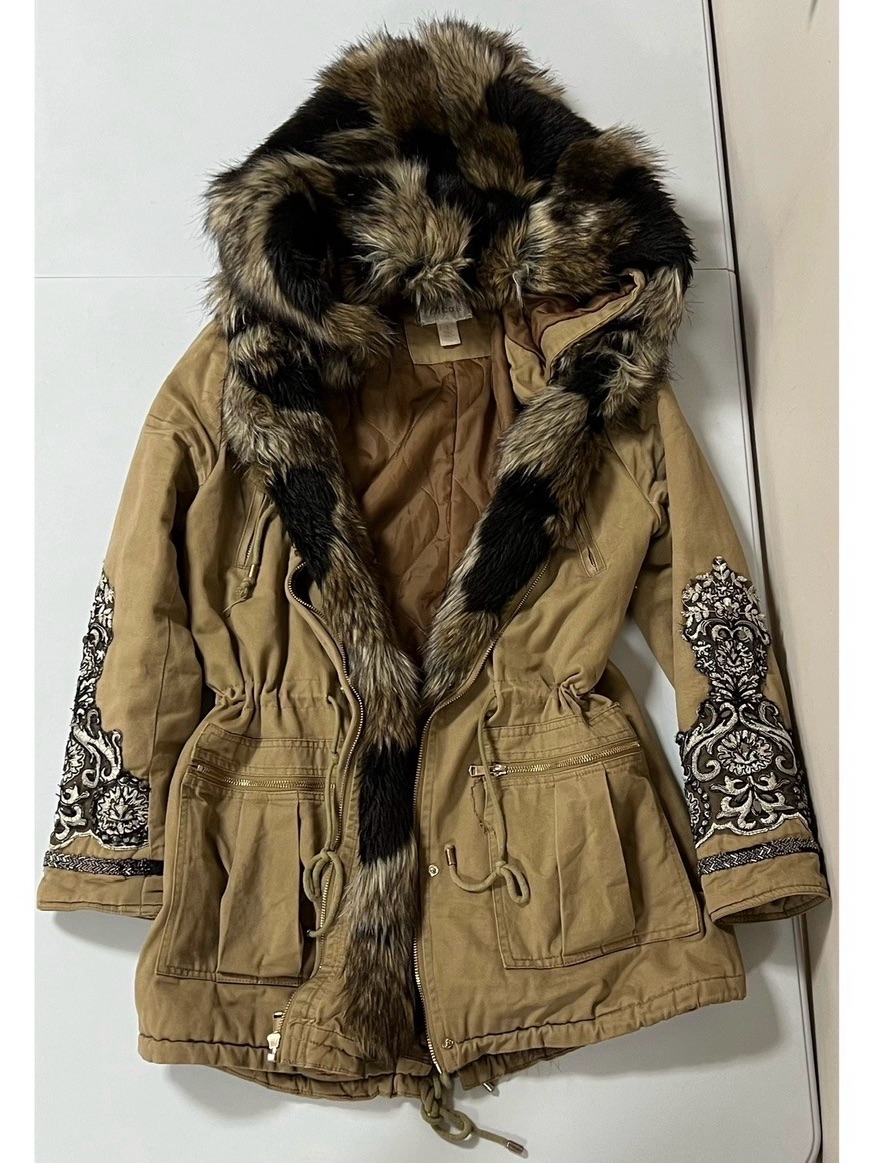 Chicos Tan Brown Fur Y2k Embroidered Zipper Winter Parka Jacket Coat Size 1